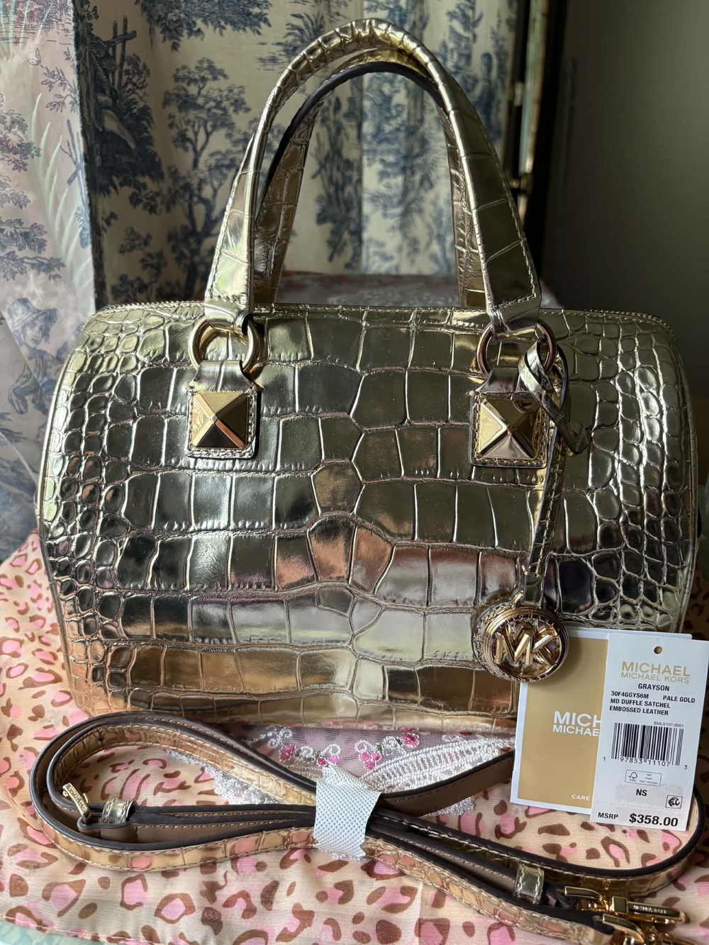 Michael Kors Pale Gold Croc-Embossed Satchel